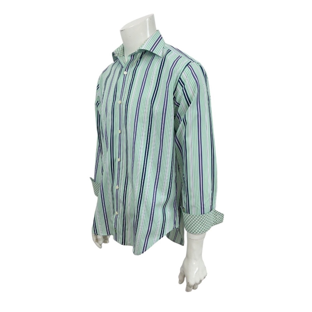 Tailorbyrd Contrast Cuffs Green Purple Blue White Striped Mens Shirt M Med